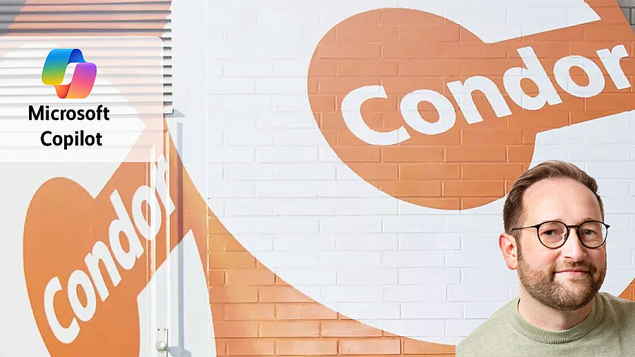 Helle Mauer mit großem, transparenten Logo von Condor Werke im Hintergrund. Im Vordergrund Profilbild von André Köhler. 