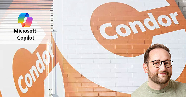 Helle Mauer mit großem, transparenten Logo von Condor Werke im Hintergrund. Im Vordergrund Profilbild von André Köhler. 