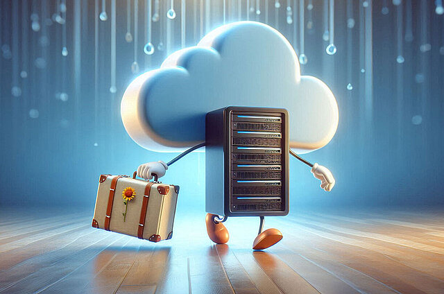 Ein Server, der mit einem Koffer symbolisch in die Cloud läuft. Comichafter Stil