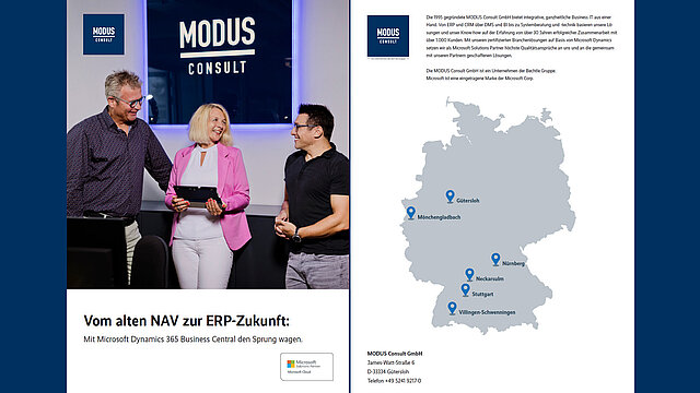 Vorschaubilder des Whitepaper "Vom alten NAV zur ERP-Zukunft". Zusehen ist das Titelbild mit 3 Kollegen, die in einer freundlichen Gesprächssituation zu sehen sind und auf der anderen Seite die Position unserer Standorte inkl. Einleitungstext, wer wir sind.