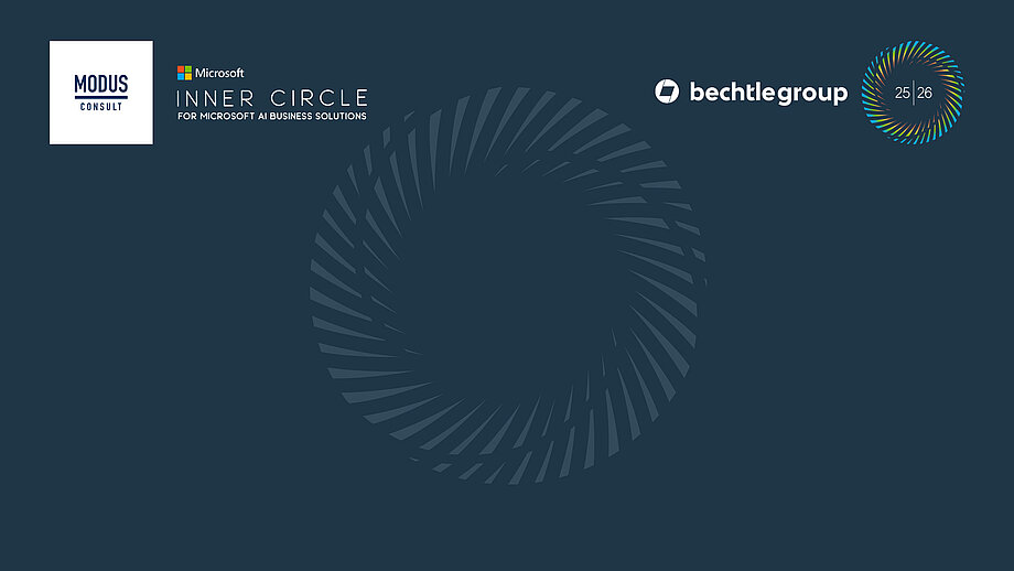 Dunkelblauer Hintergrund mit Inner Circle Logo in der Mitte. Links MODUS Consult Logo in rechteckiger Form und rechts der Schriftzug "Bechtlegroup" mit rundem Bechtle Logo.